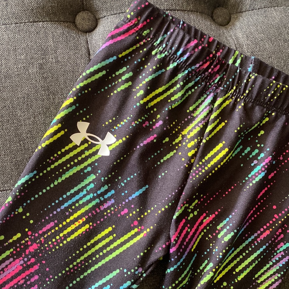 Under Armour Girls Black Leggings with Neon Pink, Yellow, Blue & Green Print - Picture 2 of 5